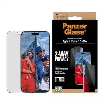 Proteção de ecrã PanzerGlass 2 vias para iPhone 17 Pro Max — vidro temperado, ajuste ultra amplo, EasyAligner