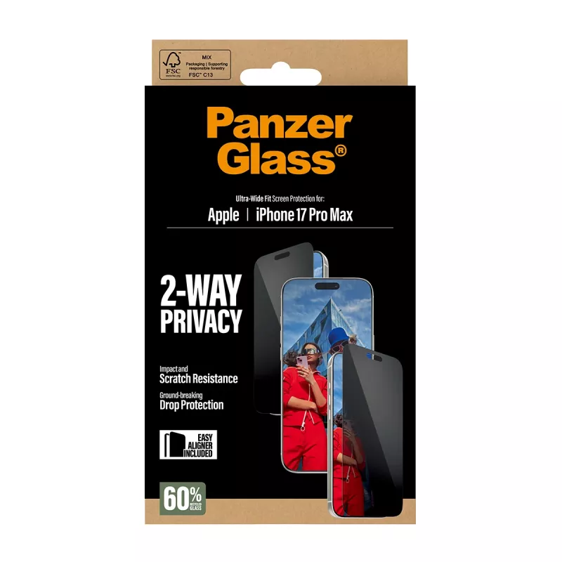 Proteção de ecrã PanzerGlass 2 vias para iPhone 17 Pro Max — vidro temperado, ajuste ultra amplo, EasyAligner