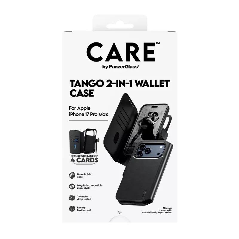 Capa protetora 2 em 1 para telemóvel com compartimento para cartões PanzerGlass CARE Feature Case Tango com MagSafe para iPhone 17 Pro Max, preto