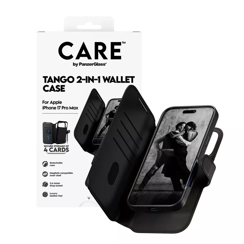 Capa protetora 2 em 1 para telemóvel com compartimento para cartões PanzerGlass CARE Feature Case Tango com MagSafe para iPhone 17 Pro Max, preto