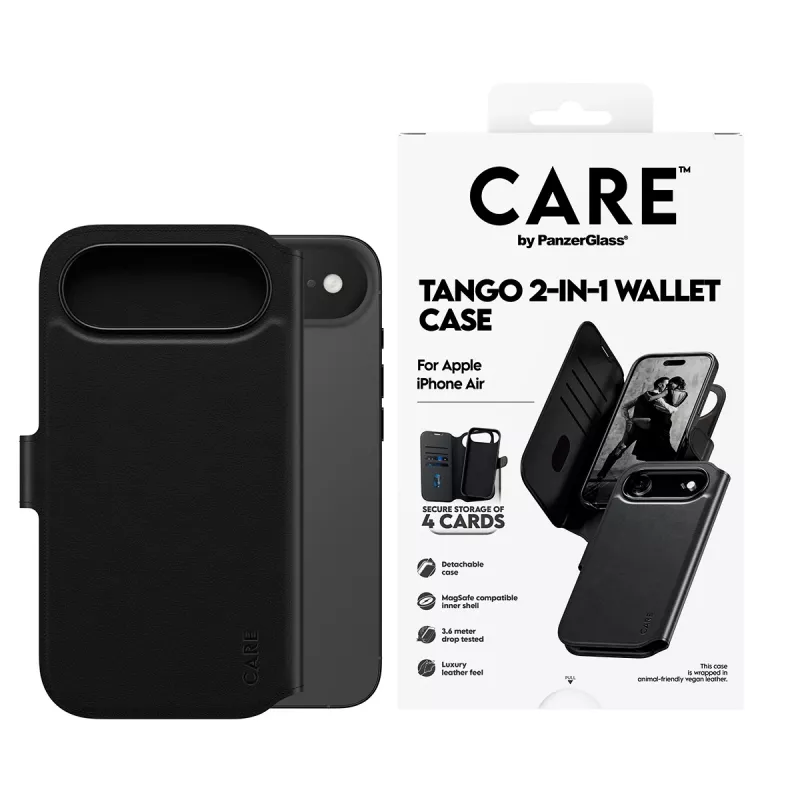 Capa de carteira PanzerGlass CARE Tango 2 em 1 com MagSafe para iPhone Air — preta