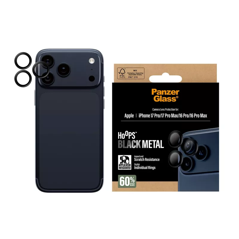 Protetor de lente da câmara PanzerGlass ® Hoops® preto iPhone 17 Pro | iPhone 17 Pro Max | iPhone 16 Pro | 16 Pro Max