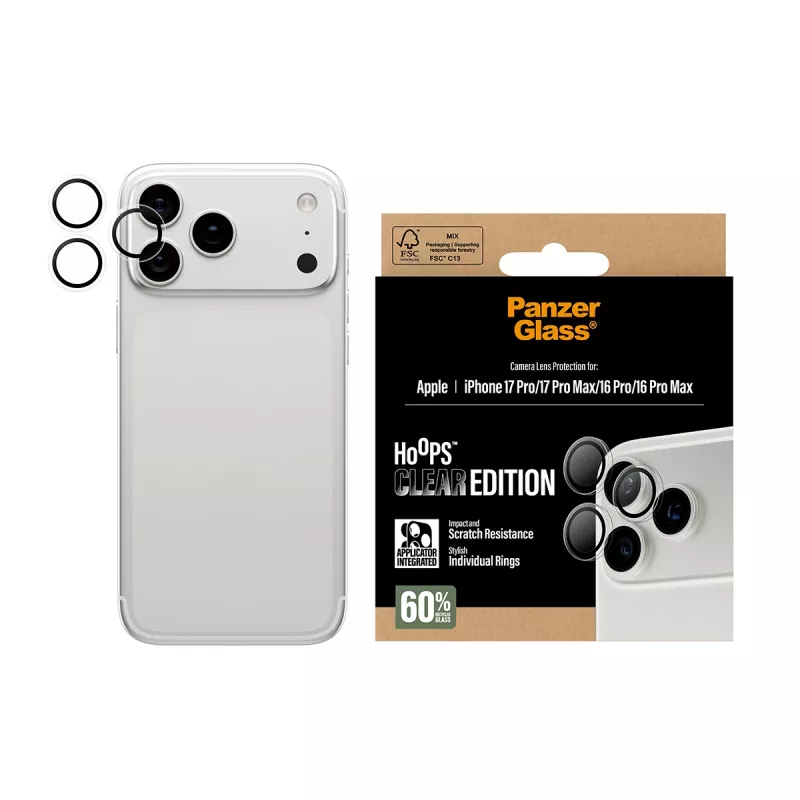 Protetor de câmara PanzerGlass Hoops transparente para iPhone 17 Pro / 17 Pro Max / 16 Pro / 16 Pro Max, vidro temperado, silicone, 1 unid.