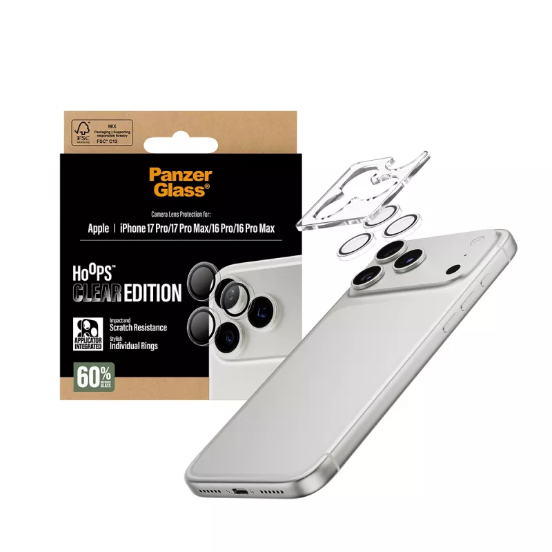 Protetor de câmara PanzerGlass Hoops transparente para iPhone 17 Pro / 17 Pro Max / 16 Pro / 16 Pro Max, vidro temperado, silicone, 1 unid.