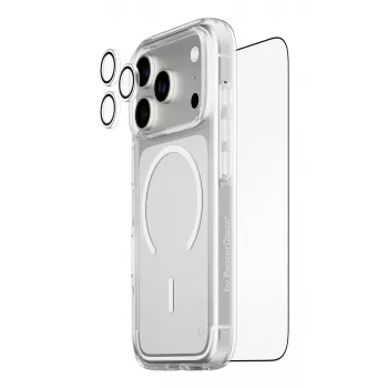 Conjunto de proteção de ecrã PanzerGlass CARE 3 em 1 Flagship Explorer para iPhone 17 Pro – vidro temperado, PET, silicone, transparente
