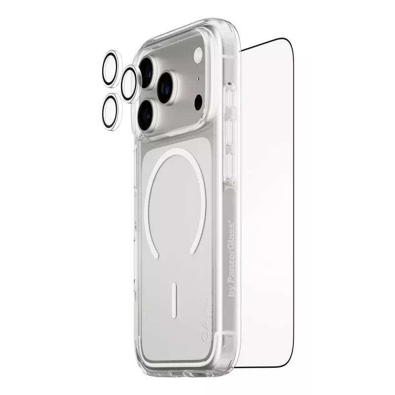 Conjunto de proteção de ecrã PanzerGlass CARE 3 em 1 Flagship Explorer para iPhone 17 Pro – vidro temperado, PET, silicone, transparente