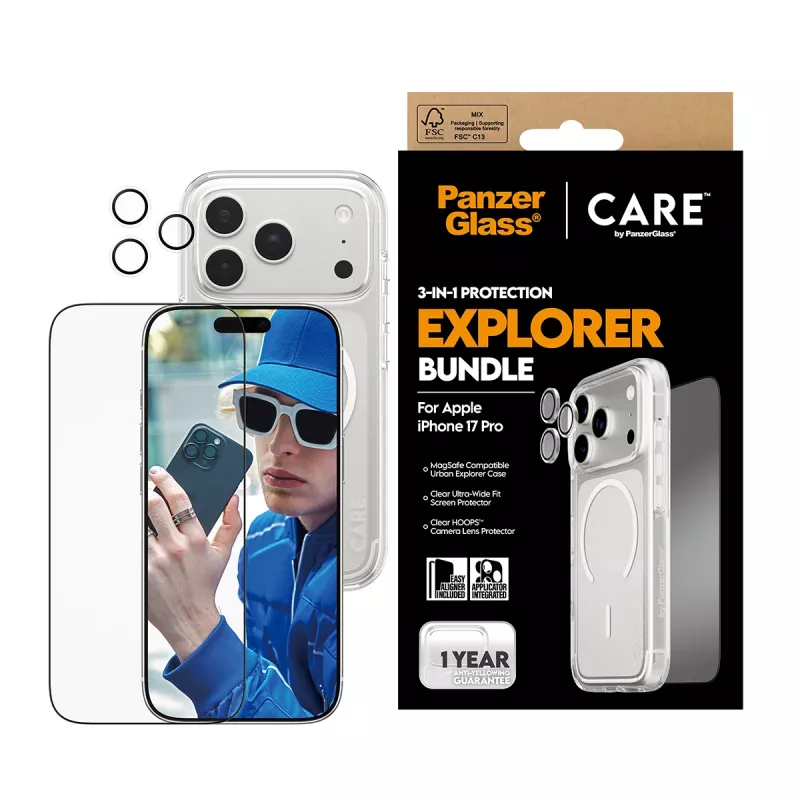 Conjunto de proteção de ecrã PanzerGlass CARE 3 em 1 Flagship Explorer para iPhone 17 Pro – vidro temperado, PET, silicone, transparente
