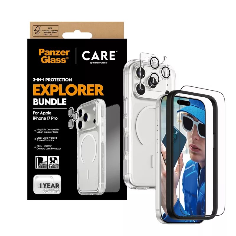 Conjunto de proteção de ecrã PanzerGlass CARE 3 em 1 Flagship Explorer para iPhone 17 Pro – vidro temperado, PET, silicone, transparente