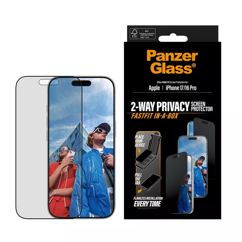 Película de proteção de ecrã com privacidade PanzerGlass para iPhone 17 / iPhone 16 Pro — Ultra-Wide Fit, vidro temperado + PET, FASTFIT