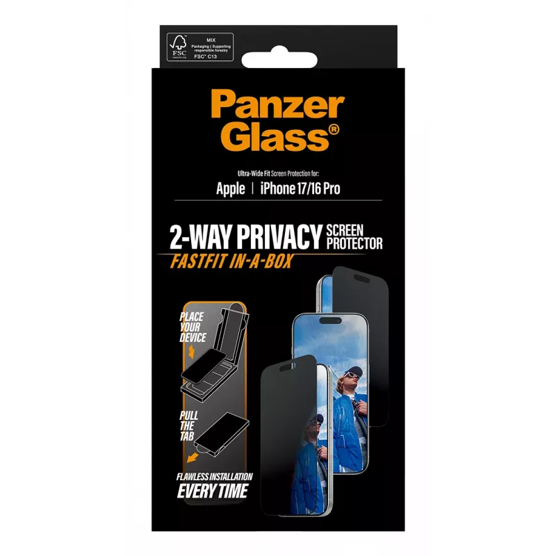 Película de proteção de ecrã com privacidade PanzerGlass para iPhone 17 / iPhone 16 Pro — Ultra-Wide Fit, vidro temperado + PET, FASTFIT