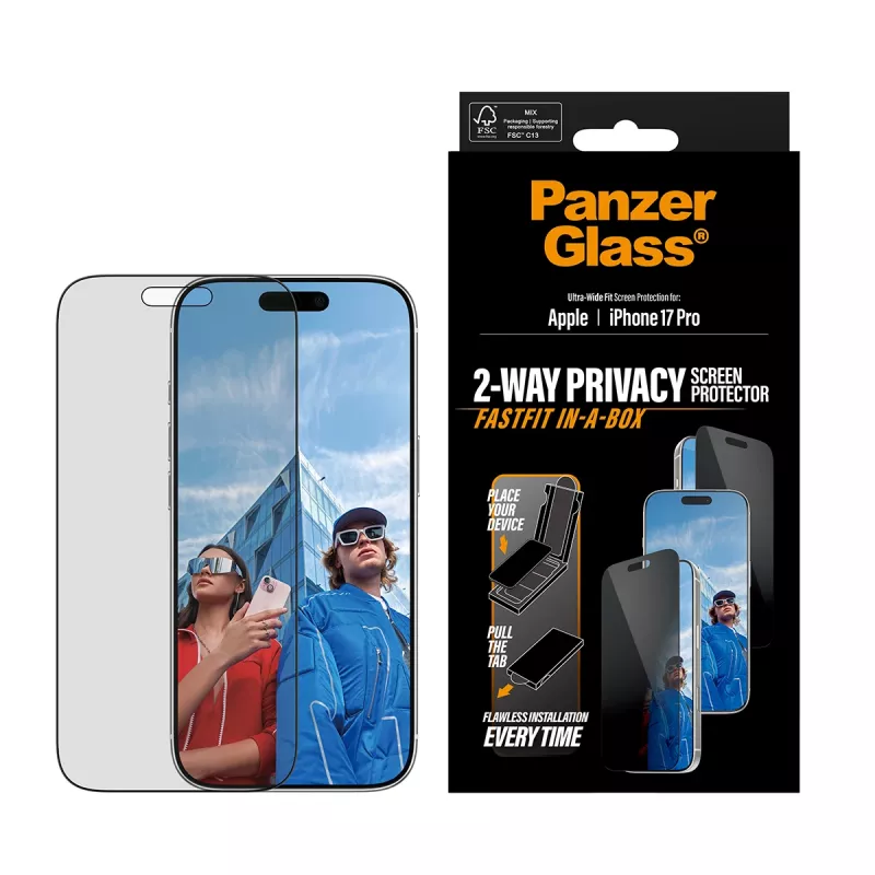 Película de proteção de ecrã PanzerGlass 2-Way Privacy para iPhone 17 Pro — Ultra-Wide Fit, vidro temperado, filtro de privacidade, FASTFIT