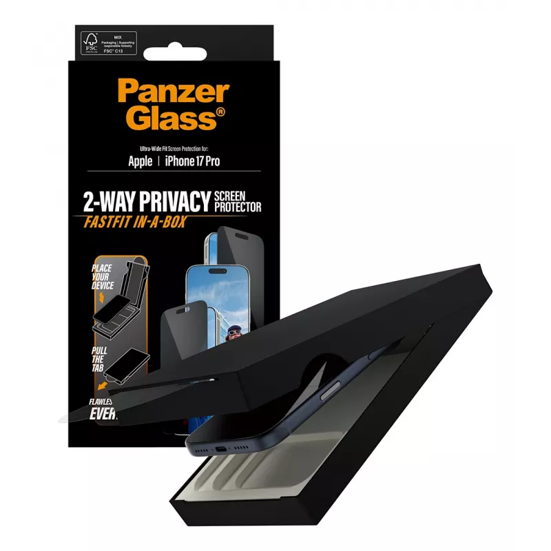 Película de proteção de ecrã PanzerGlass 2-Way Privacy para iPhone 17 Pro — Ultra-Wide Fit, vidro temperado, filtro de privacidade, FASTFIT