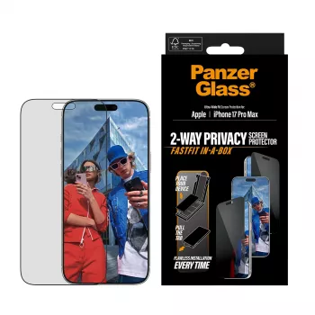 Protetor de ecrã PanzerGlass 2-Way Privacy para iPhone 17 Pro Max — vidro temperado, Ultra-Wide Fit, FASTFIT