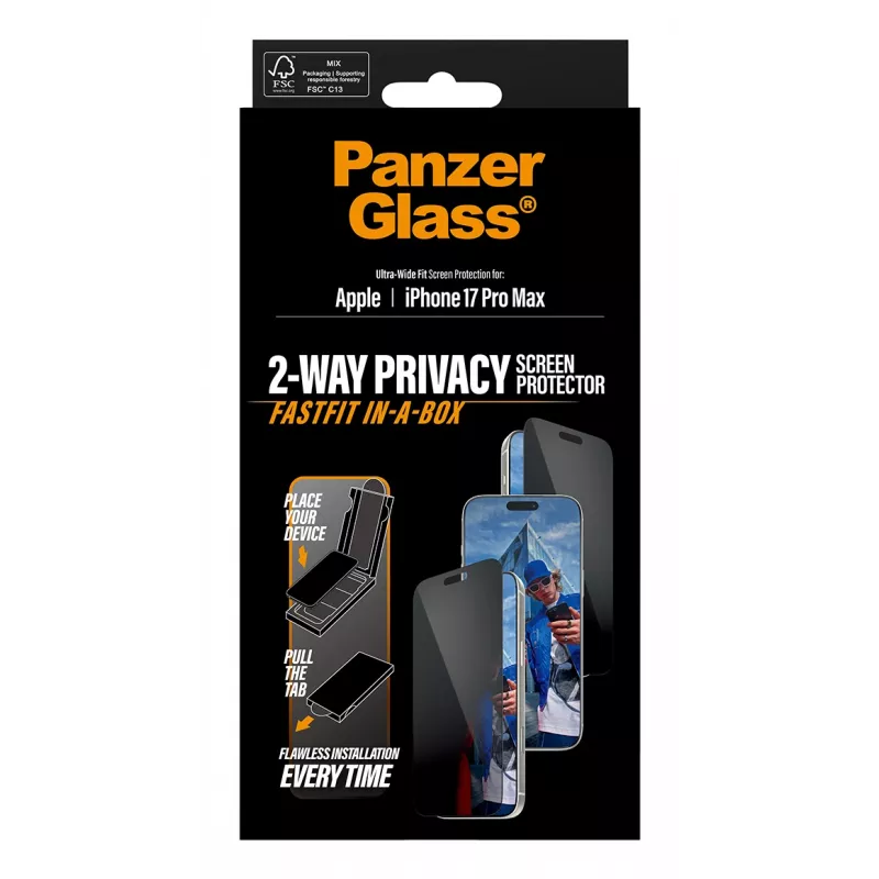 Protetor de ecrã PanzerGlass 2-Way Privacy para iPhone 17 Pro Max — vidro temperado, Ultra-Wide Fit, FASTFIT
