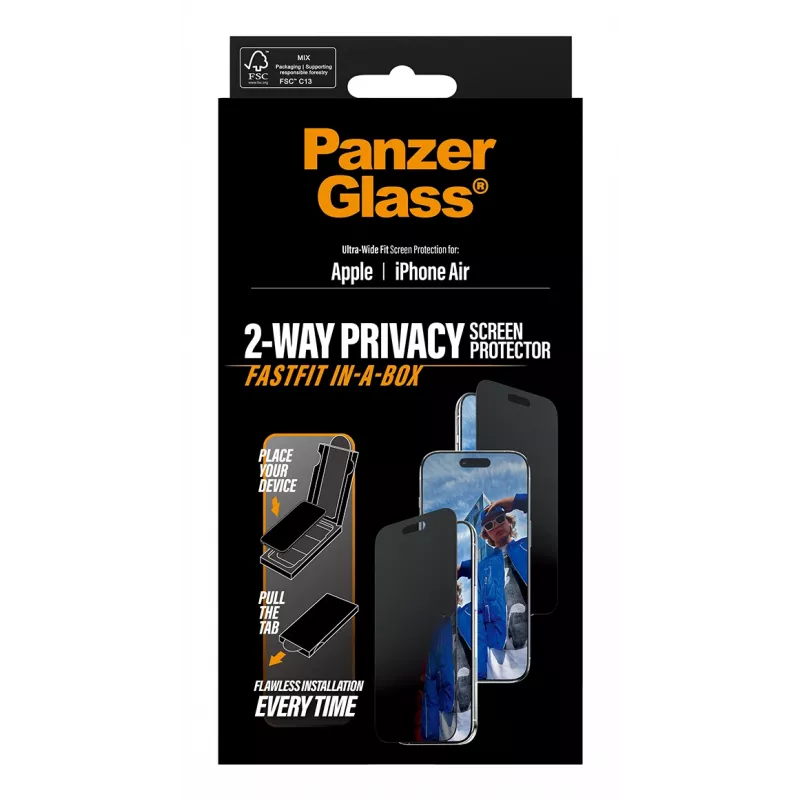 Protetor de ecrã PanzerGlass Privacy para iPhone Air — vidro temperado, Ultra-Wide Fit, filtro de privacidade, FASTFIT