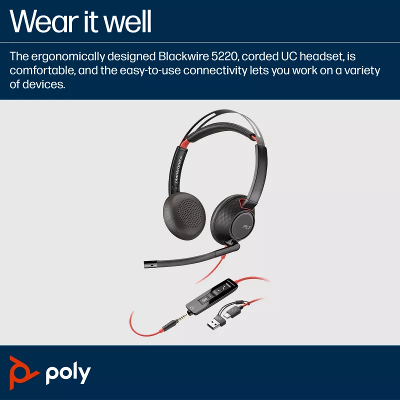 HP Poly Blackwire 5220 Headset estéreo USB-C + ficha jack 3,5 mm + adaptador USB-C/A