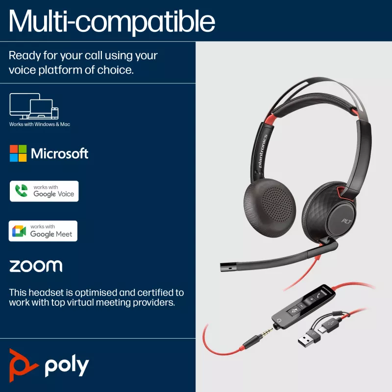 HP Poly Blackwire 5220 Headset estéreo USB-C + ficha jack 3,5 mm + adaptador USB-C/A