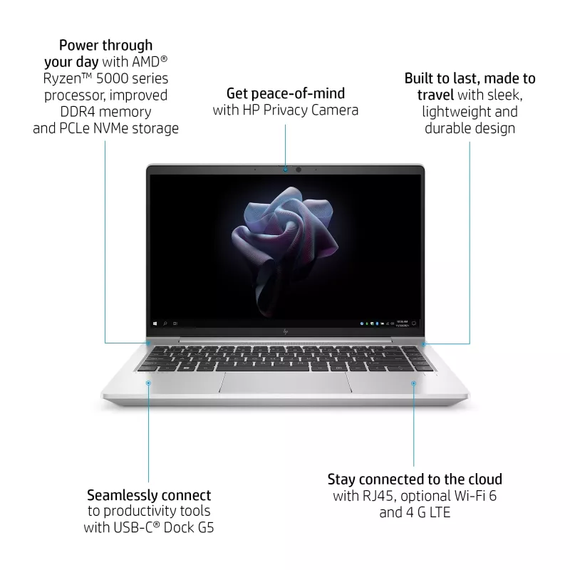 HP Elite mt645 G7 thin client móvel, AMD Ryzen 3 5425U 2,7 GHz, 35,6 cm (14 polegadas) Full HD IPS, 8 GB DDR4-SDRAM, 256 GB SSD NVMe, AMD Radeon Graphics, Wi-Fi 6 (802.11ax), HP ThinPro OS, prateado