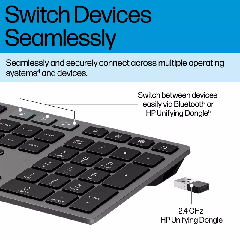 HP 725 Conjunto de teclado e rato sem fios recarregável multi-dispositivo