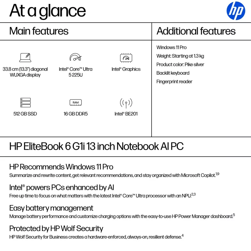 HP EliteBook 6 G1i AD3K4ET portátil com IA, Intel Core Ultra 5 225U, 33,8 cm (13,3 polegadas) WUXGA IPS, 16 GB DDR5, 512 GB SSD, Wi-Fi 7, Windows 11 Pro, prateado