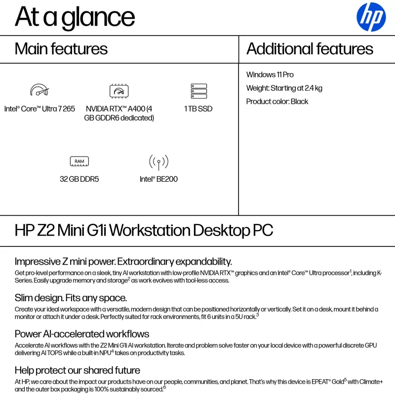 HP Z2 G1i Intel Core Ultra 7 265 32 GB DDR5-SDRAM NVIDIA RTX A400 Windows 11 Pro Mini PC Workstation Workstation de IA, PC de IA