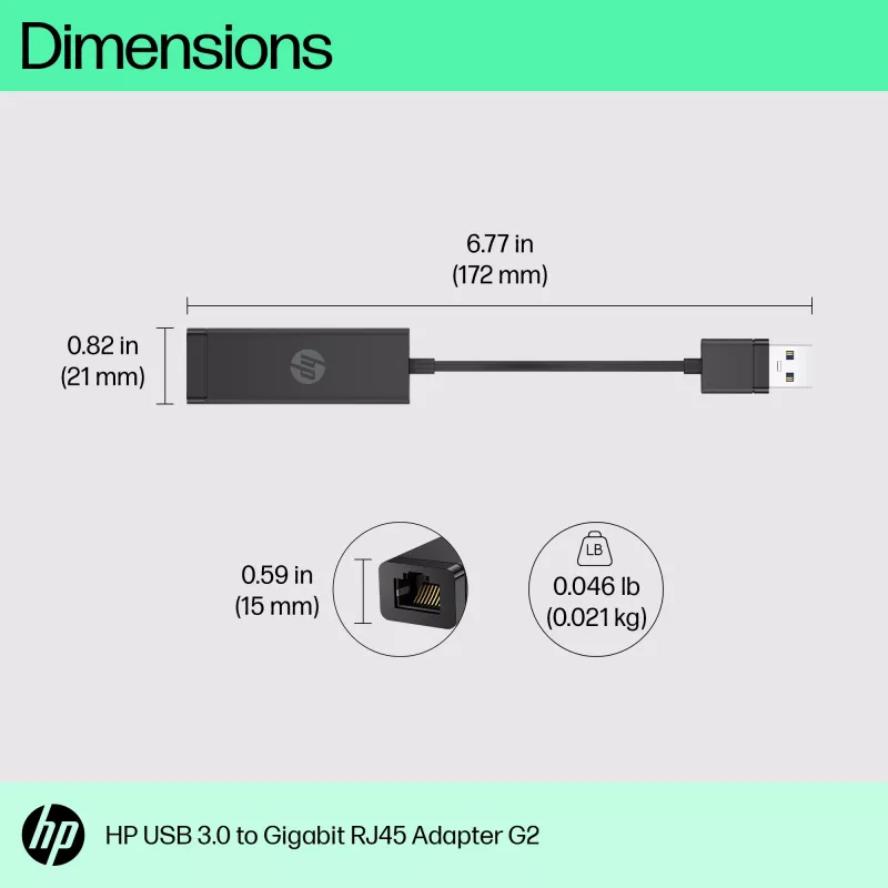 Adaptador HP USB 3.0 para Gigabit RJ45 G2, com fios, USB, Ethernet, preto