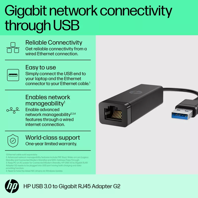 Adaptador HP USB 3.0 para Gigabit RJ45 G2, com fios, USB, Ethernet, preto
