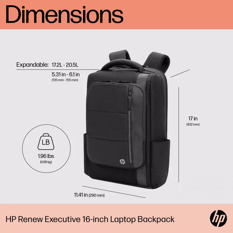 Mochila para portátil HP Renew Executive 16 polegadas, mochila, 40,9 cm (16,1 inch), 890 g