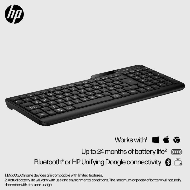 Teclado HP 475 Dual-Mode Wireless, tamanho completo (100%), Wireless, RF Wireless + Bluetooth, membrana, preto