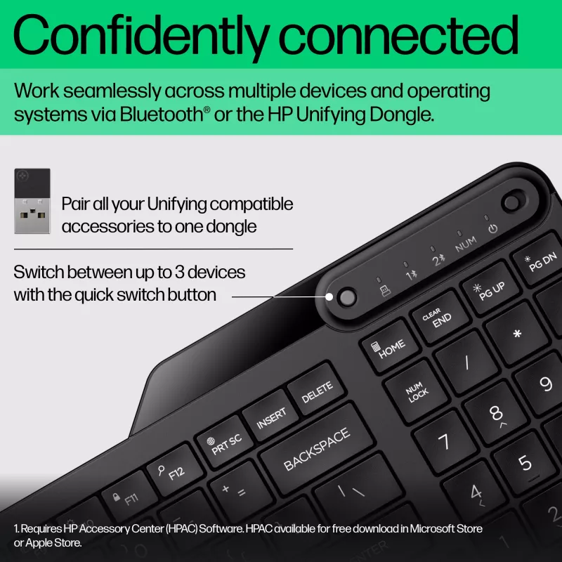 Teclado HP 475 Dual-Mode Wireless, tamanho completo (100%), Wireless, RF Wireless + Bluetooth, membrana, preto