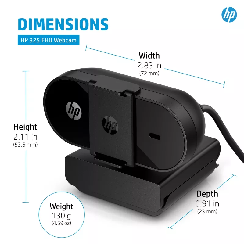 Webcam HP 325 FHD, empresarial, Windows 10, Windows 11, MacOS, 72 mm, 53,6 mm, 53,2 mm