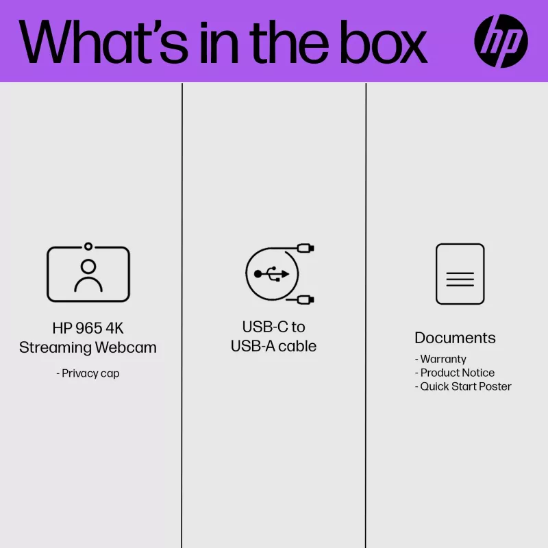 Webcam HP 325 FHD, empresarial, Windows 10, Windows 11, MacOS, 72 mm, 53,6 mm, 53,2 mm
