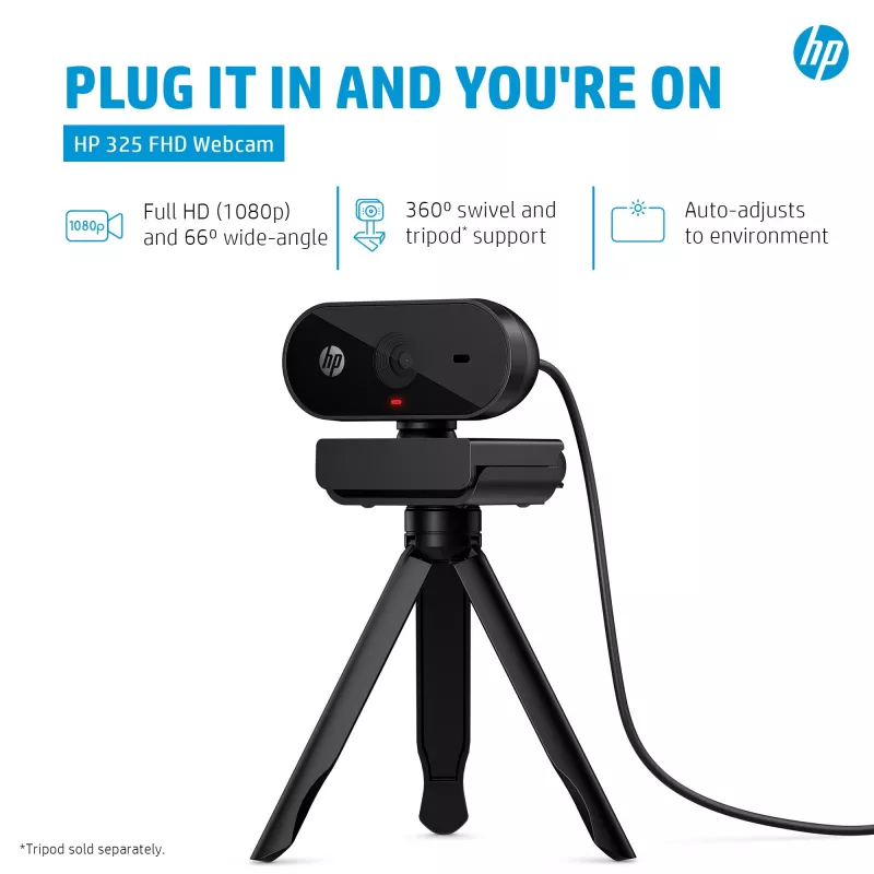 Webcam HP 325 FHD, empresarial, Windows 10, Windows 11, MacOS, 72 mm, 53,6 mm, 53,2 mm