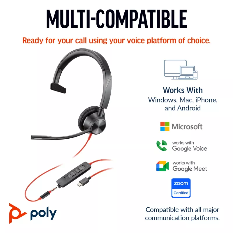 Headset HP Poly Blackwire 3315 monoaural USB-C certificado Microsoft Teams +jack 3,5 mm +adaptador USB-C/A