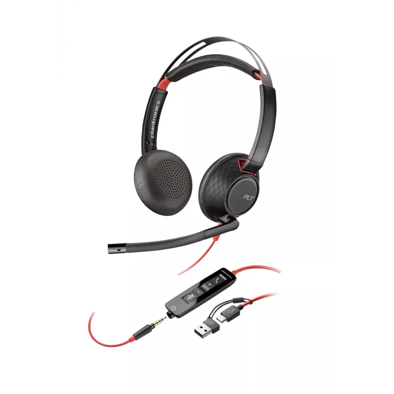 Headset HP Poly Blackwire 5220 estéreo USB-C +ficha 3,5 mm +adaptador USB-C/A (embalagem múltipla)