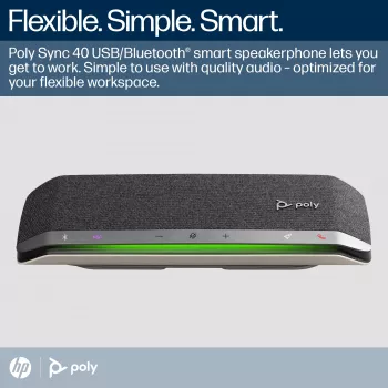 Speakerphone HP Poly Sync 40 certificado Microsoft Teams, prateado, Windows 10, Windows 11, MacOS, 30 h, RoHS, Federal Communications Commission (FCC), CE, 38 mm