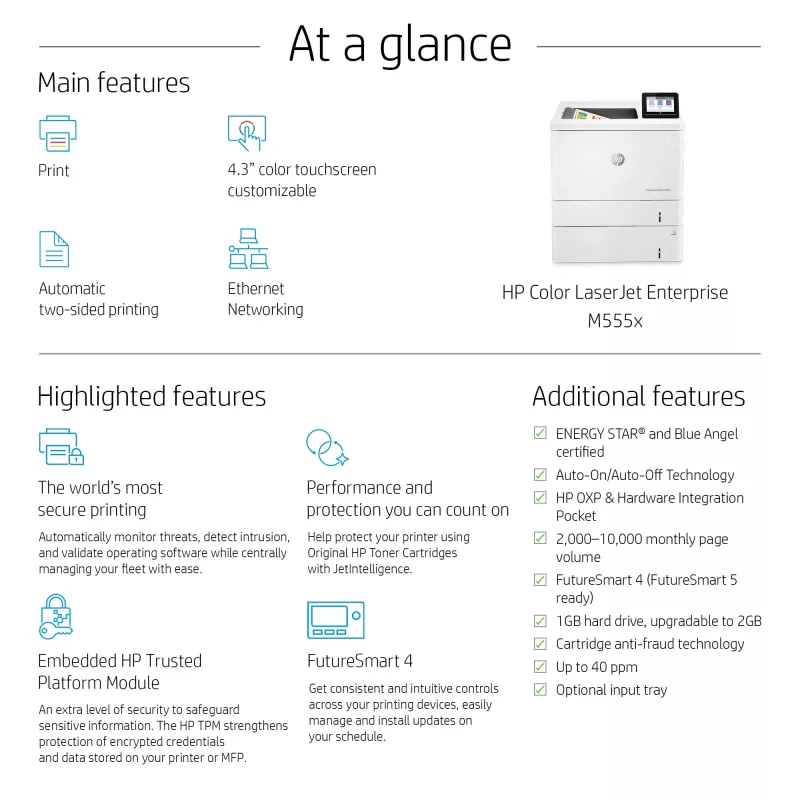 HP Color LaserJet Enterprise M555x, Laser, Cor, 1200 x 1200 DPI, A4, 38 ppm, impressão frente e verso