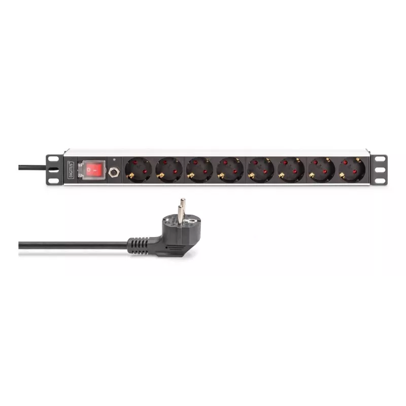 PDU DIGITUS - montagem em rack de alumínio 1U 7x segurança + 1x saída 16A 4000W 250VAC 50/60Hz proteção contra sobrecarga