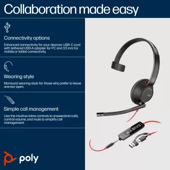 Headset HP Poly Blackwire 5210 monaural USB-C + ficha 3,5mm + adaptador USB-C/A (Bulk)