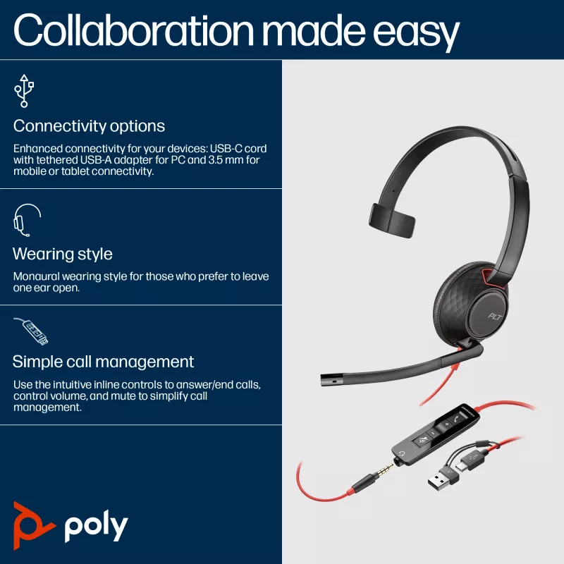 Headset HP Poly Blackwire 5210 monaural USB-C + ficha 3,5mm + adaptador USB-C/A (Bulk)