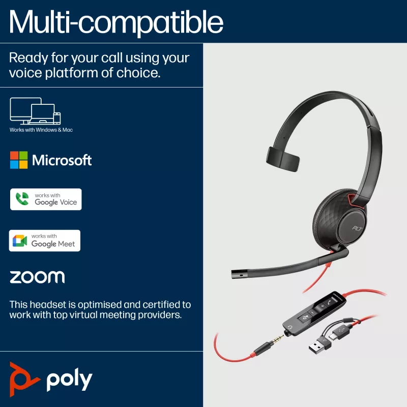 Headset HP Poly Blackwire 5210 monaural USB-C + ficha 3,5mm + adaptador USB-C/A (Bulk)