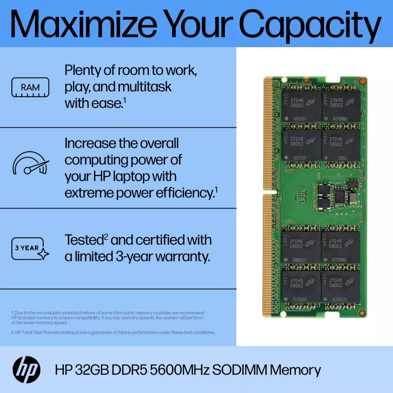 HP 32GB DDR5 5600 SODIMM Memória, 32 GB, DDR5, 5600 MHz, 262-Pin SO-DIMM