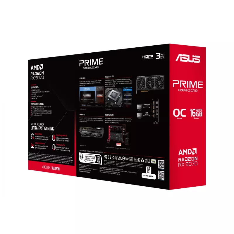 Placa gráfica ASUS Radeon RX 9070 16 GB GDDR6 PCIe 5.0 256-Bit, refrigeração com 3 ventoinhas, PCI Express 5.0