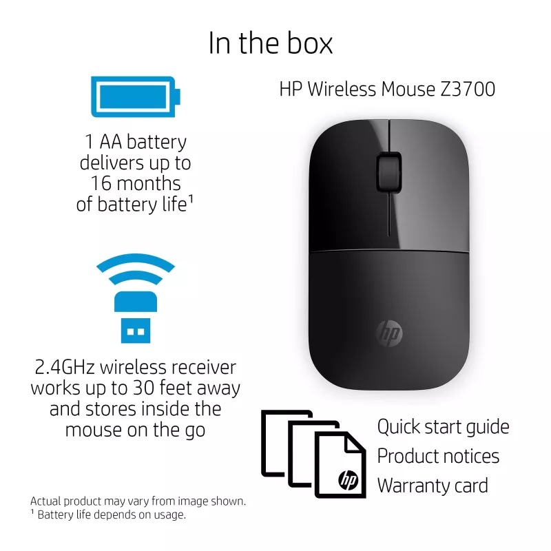 Rato sem fios HP Z3700 Black, ambidestro, ótico, RF sem fios, 1200 DPI, preto