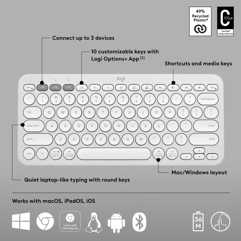 Teclado mini compacto Logitech Pebble Keys 2 K380s — RF Wireless + Bluetooth, QWERTY US International, branco