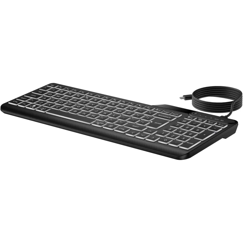 Teclado com fios retroiluminado multidispositivo HP 405, tamanho completo (100%), com fios, USB, membrana, QWERTY, preto