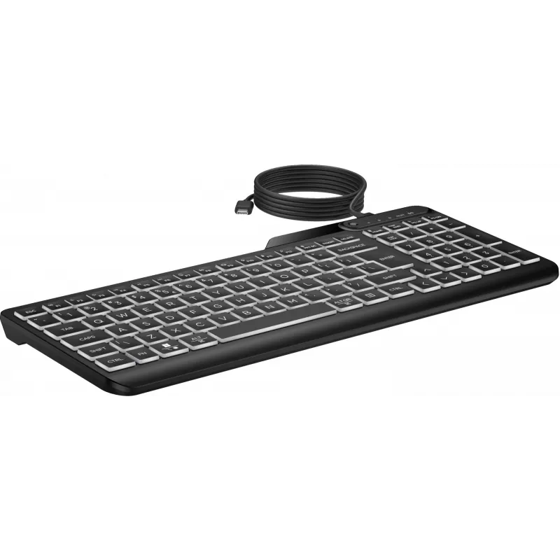 Teclado com fios retroiluminado multidispositivo HP 405, tamanho completo (100%), com fios, USB, membrana, QWERTY, preto