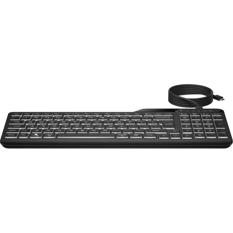 Teclado com fios retroiluminado multidispositivo HP 405, tamanho completo (100%), com fios, USB, membrana, QWERTY, preto