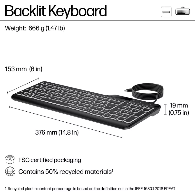 Teclado com fios retroiluminado multidispositivo HP 405, tamanho completo (100%), com fios, USB, membrana, QWERTY, preto