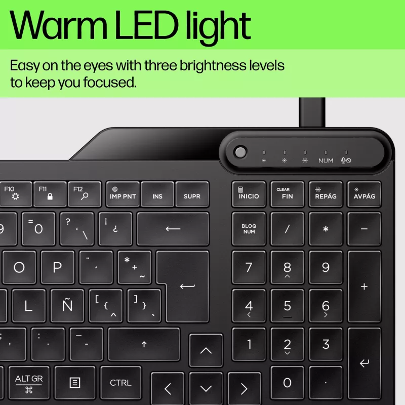 Teclado com fios retroiluminado multidispositivo HP 405, tamanho completo (100%), com fios, USB, membrana, QWERTY, preto